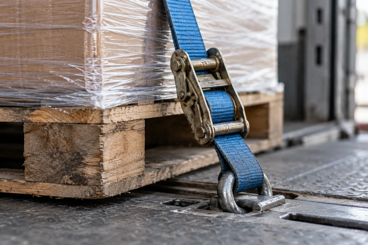 AI-generated industry concept photograph of a blue ratchet strap securing a stretch-wrapped pallet at a loading dock.