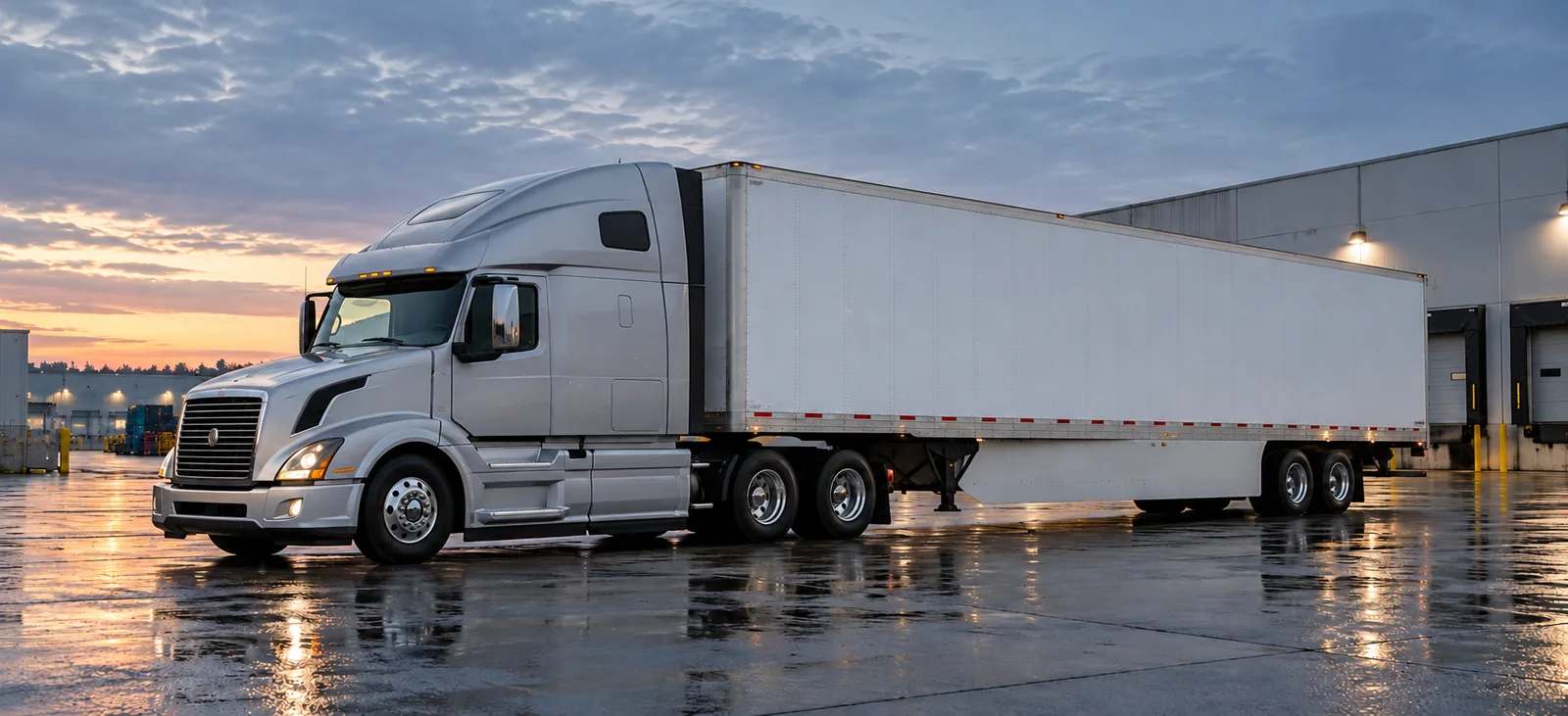 AI-generated industry concept photograph of a silver tractor and white trailer on a wet freight yard at dawn.