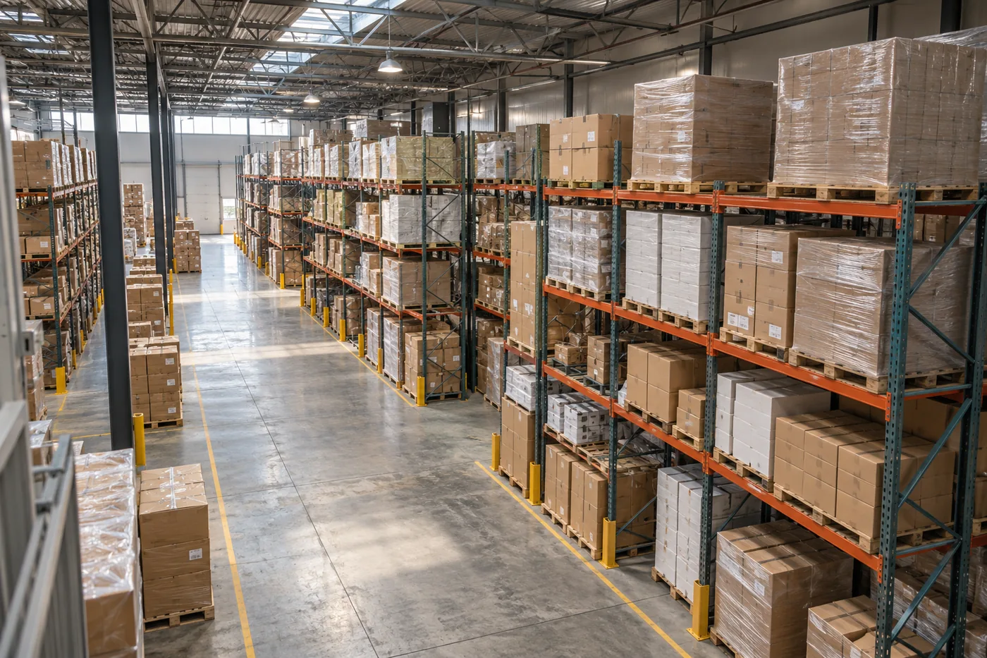 AI-generated industry concept photograph of industrial warehouse racks with wrapped pallets and a concrete aisle, seen from an elevated angle.